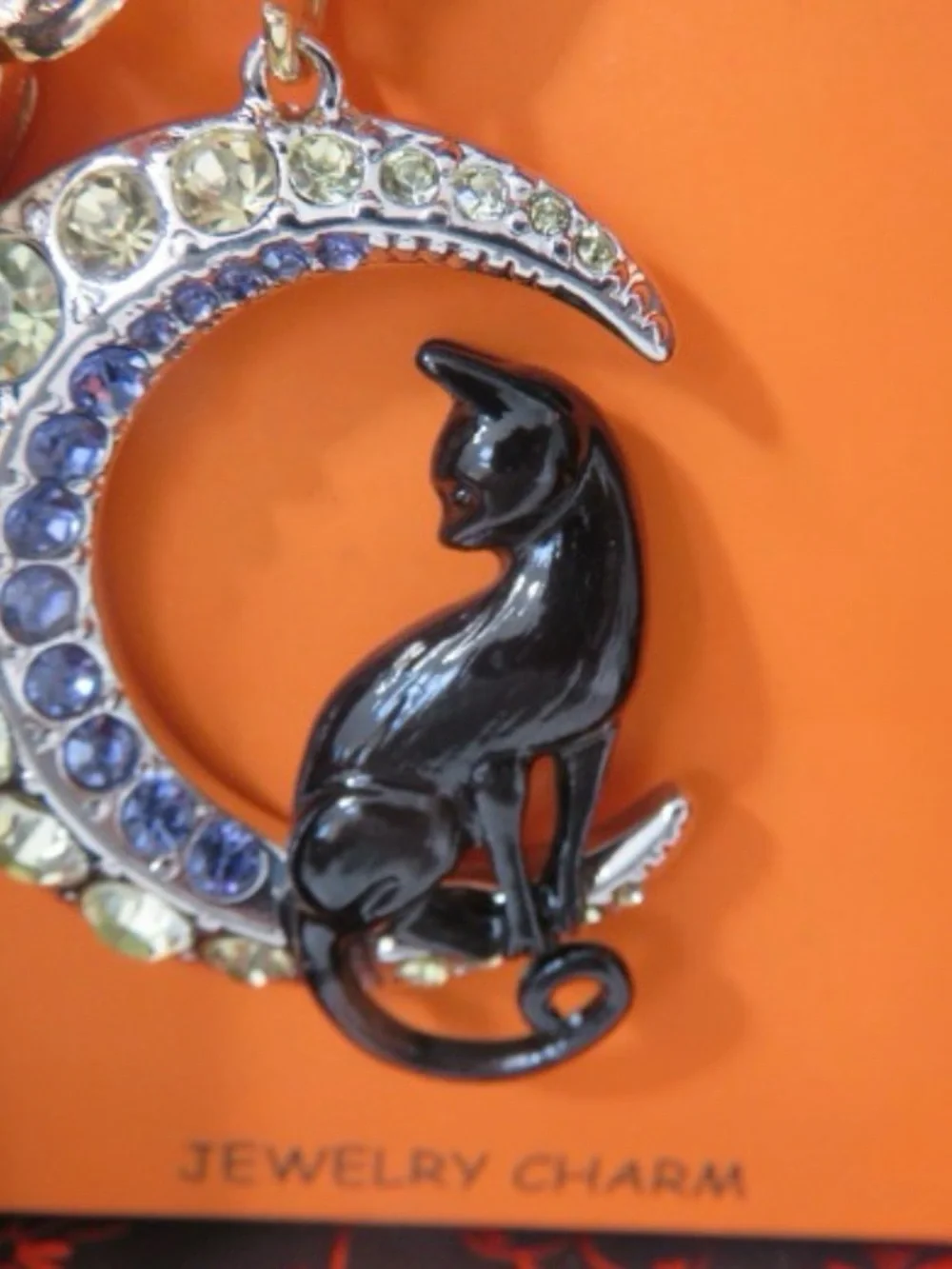 BETSEY JOHNSON Halloween Black Cat & Crystal-Studded Moon Bag Charm Keychain NWT